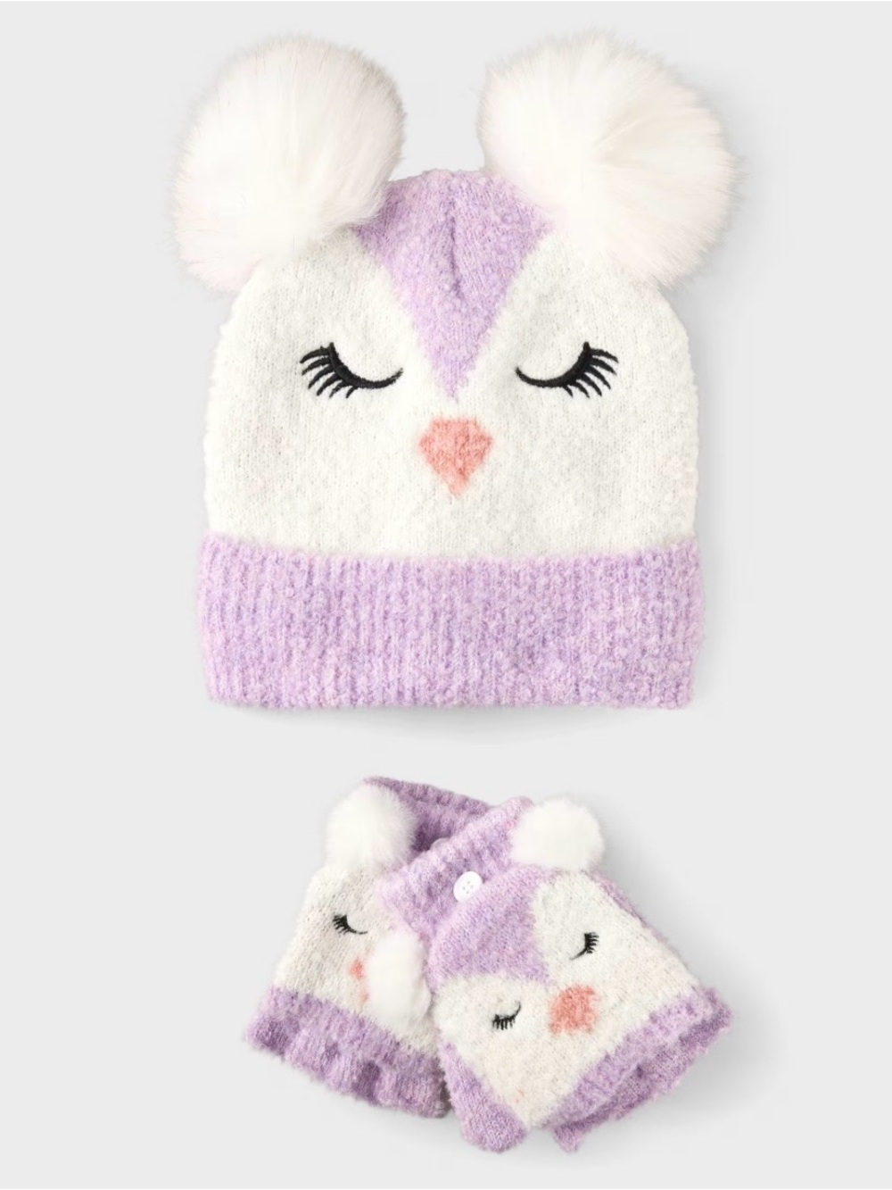 The Children's Place Lilac & White Pom Pom Owl Hat and Mitten Set